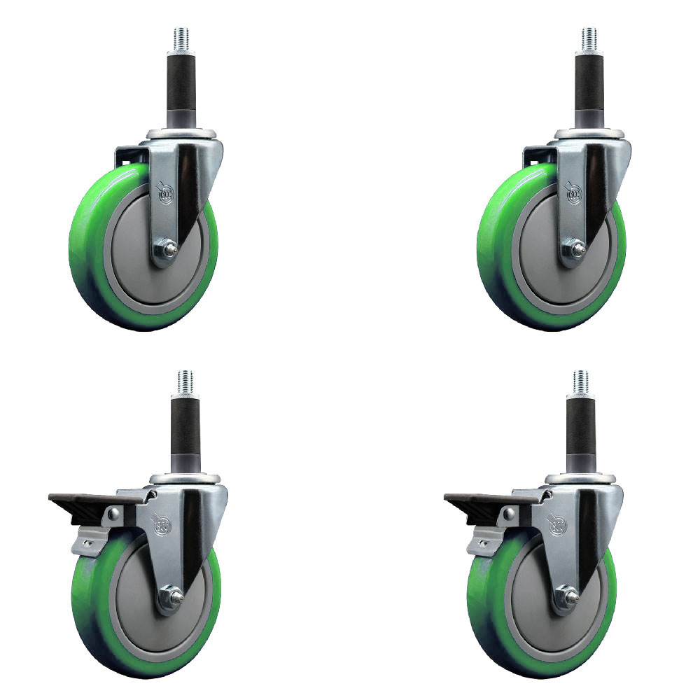 Polyurethane Swivel Expanding Stem Caster Set of 4 with 5 Inch Green Wheels and 1" Stems - Includes 2 with Posi Locking Brakes - 1400 lbs Total Capacity - Service Caster Brand — photo 1