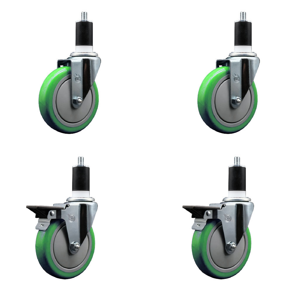 Polyurethane Swivel Expanding Stem Caster Set of 4 with 5 Inch Green Wheels and 1-1/2" Stems - Includes 2 with Posi Locking Brakes - 1400 lbs Total Capacity - Service Caster Brand — photo 1