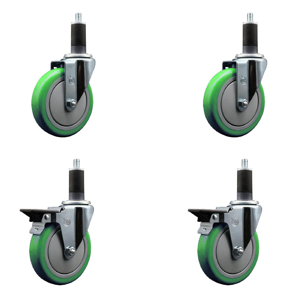 Polyurethane Swivel Expanding Stem Caster Set of 4 with 5 Inch Green Wheels and 1-1/4" Stems - Includes 2 with Posi Locking Brakes - 1400 lbs Total Capacity - Service Caster Brand — photo 1