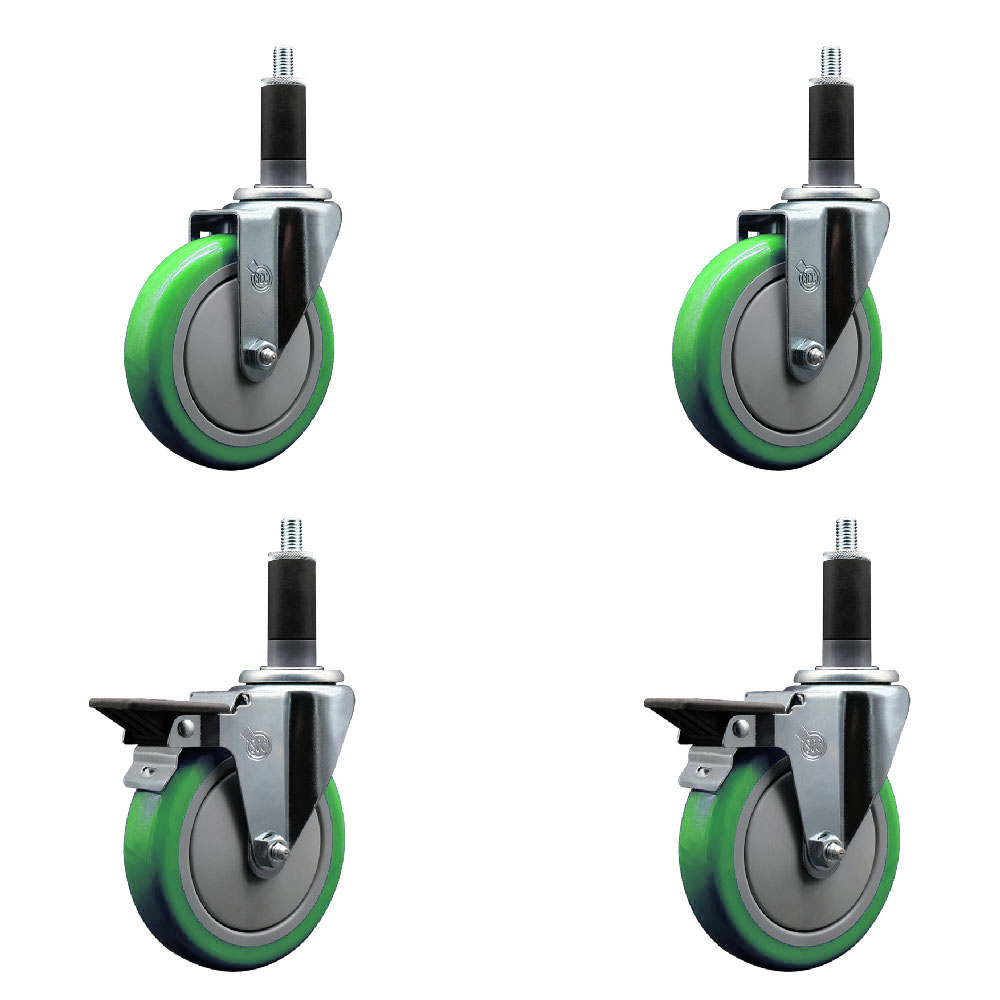 Polyurethane Swivel Expanding Stem Caster Set of 4 with 5 Inch Green Wheels and 1-1/8" Stems - Includes 2 with Posi Locking Brakes - 1400 lbs Total Capacity - Service Caster Brand — photo 1