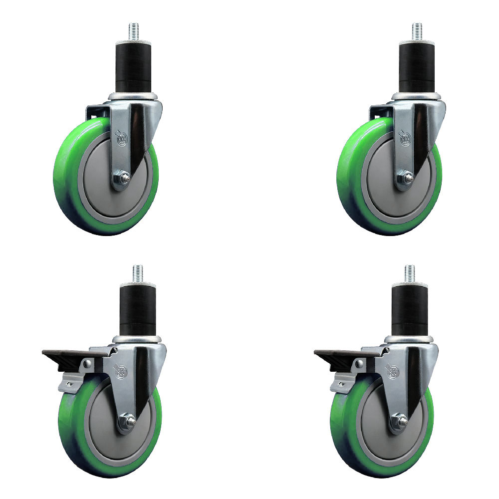 Polyurethane Swivel Expanding Stem Caster Set of 4 with 5 Inch Green Wheels and 1-3/4" Stems - Includes 2 with Posi Locking Brakes - 1400 lbs Total Capacity - Service Caster Brand — photo 1