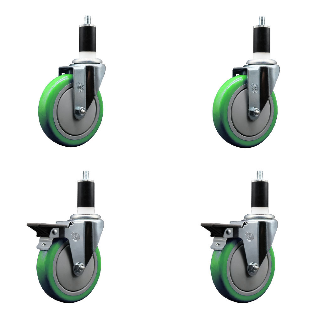 Polyurethane Swivel Expanding Stem Caster Set of 4 with 5 Inch Green Wheels and 1-3/8" Stems - Includes 2 with Posi Locking Brakes - 1400 lbs Total Capacity - Service Caster Brand — photo 1