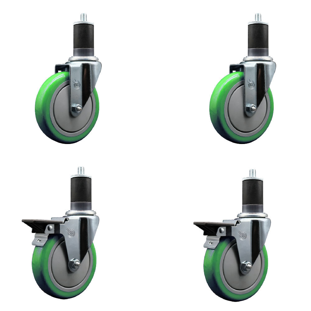 Polyurethane Swivel Expanding Stem Caster Set of 4 with 5 Inch Green Wheels and 1-5/8" Stems - Includes 2 with Posi Locking Brakes - 1400 lbs Total Capacity - Service Caster Brand — photo 1