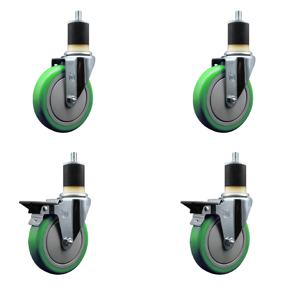 Polyurethane Swivel Expanding Stem Caster Set of 4 with 5 Inch Green Wheels and 1-7/8" Stems - Includes 2 with Posi Locking Brakes - 1400 lbs Total Capacity - Service Caster Brand — photo 1