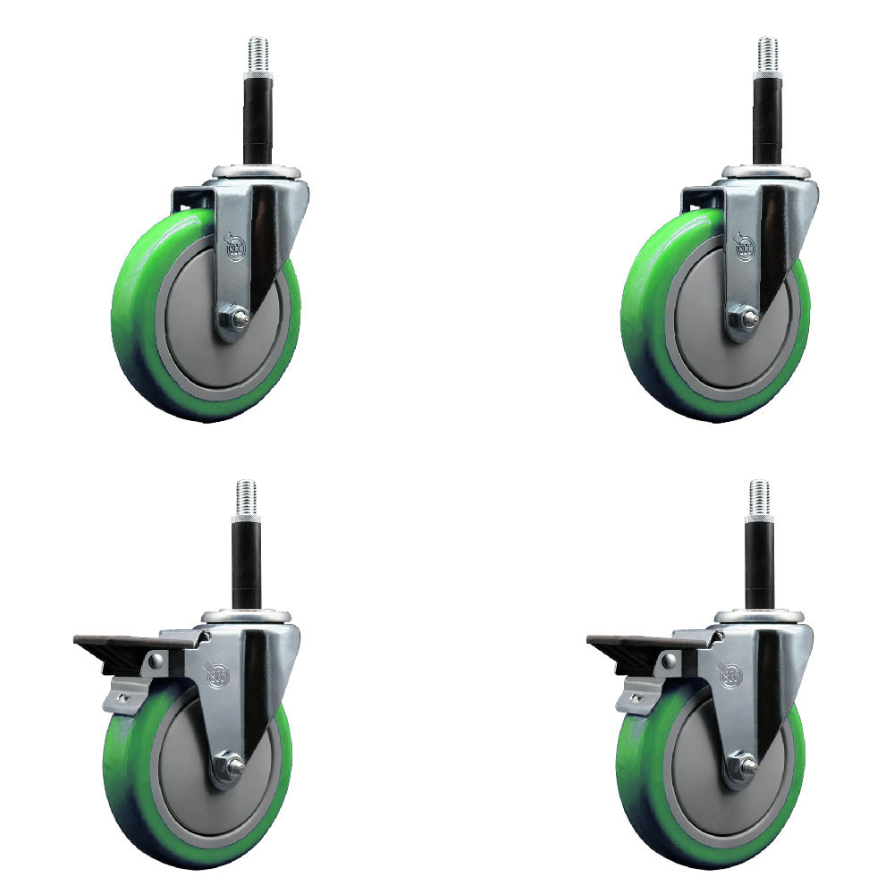Polyurethane Swivel Expanding Stem Caster Set of 4 with 5 Inch Green Wheels and 3/4" Stems - Includes 2 with Posi Locking Brakes - 1400 lbs Total Capacity - Service Caster Brand — photo 1