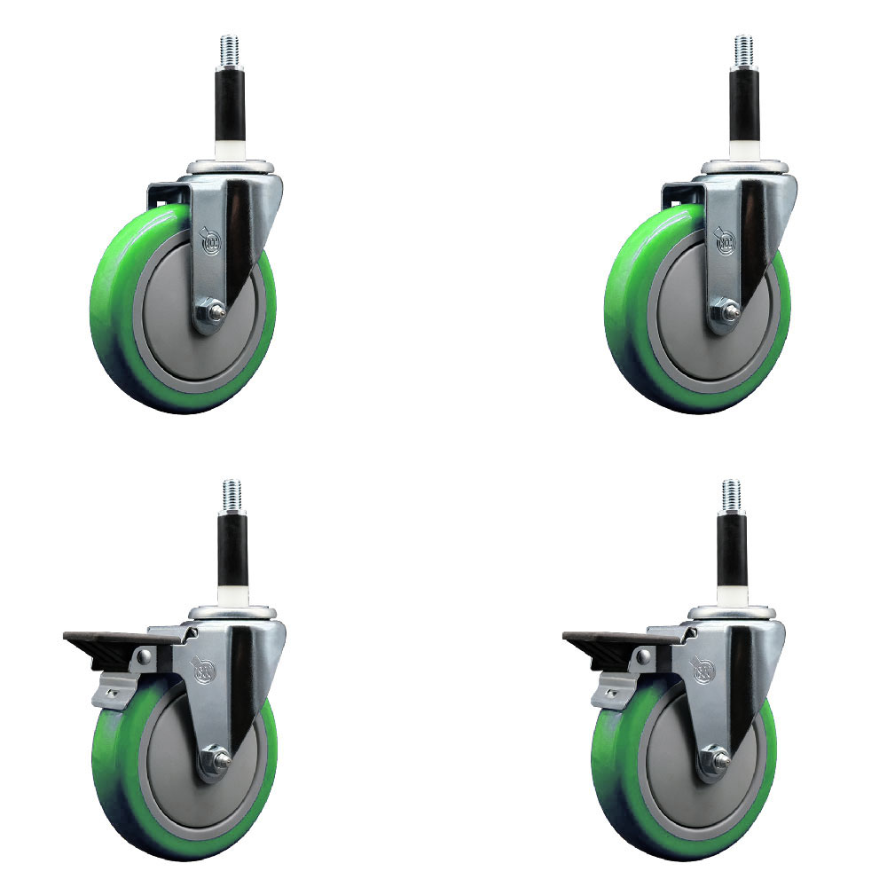 Polyurethane Swivel Expanding Stem Caster Set of 4 with 5 Inch Green Wheels and 7/8" Stems - Includes 2 with Posi Locking Brakes - 1400 lbs Total Capacity - Service Caster Brand — photo 1