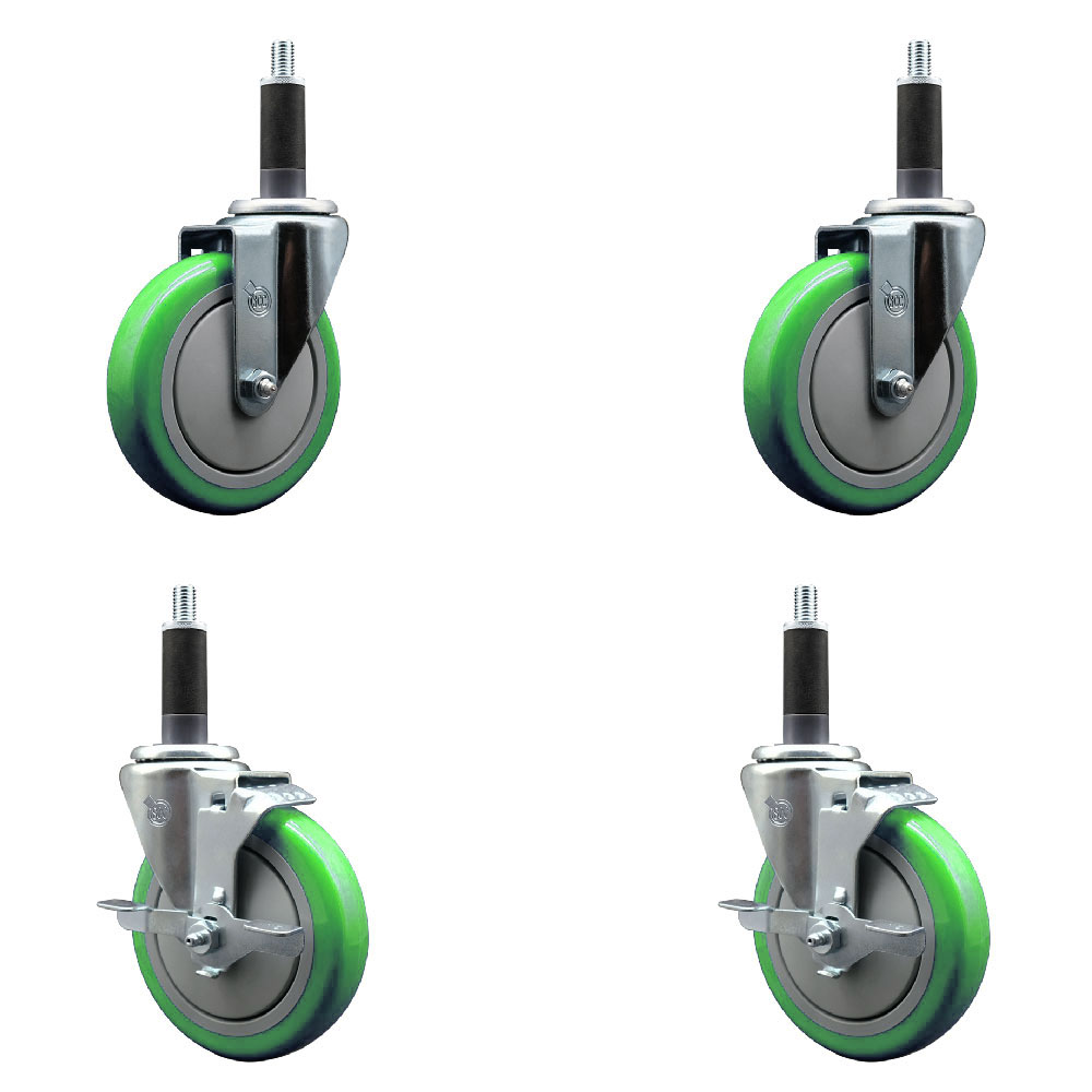 Stainless Steel Polyurethane Swivel Expanding Stem Caster Set of 4 with 5 Inch Green Wheels and 1" Stems - Includes 2 with Top Locking Brakes - 1400 lbs Total Capacity - Service Caster Brand — photo 1