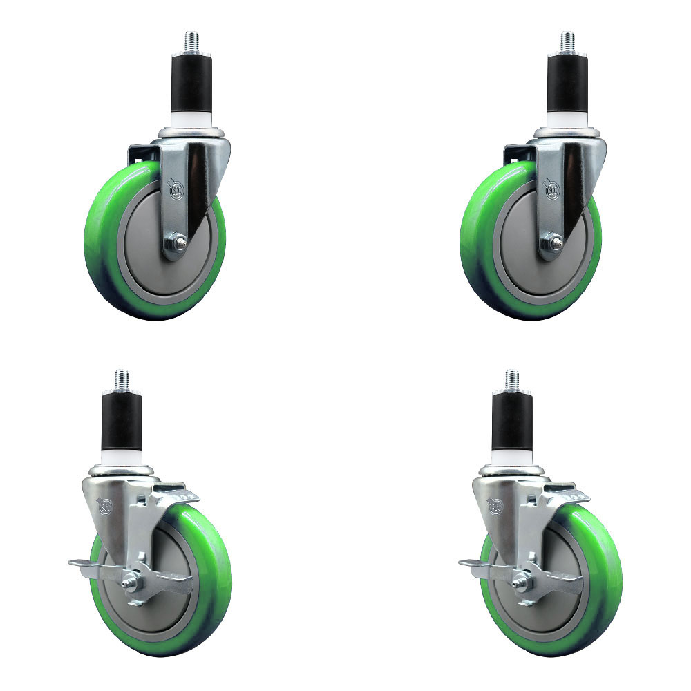Stainless Steel Polyurethane Swivel Expanding Stem Caster Set of 4 with 5 Inch Green Wheels and 1-1/2" Stems - Includes 2 with Top Locking Brakes - 1400 lbs Total Capacity - Service Caster Brand — photo 1