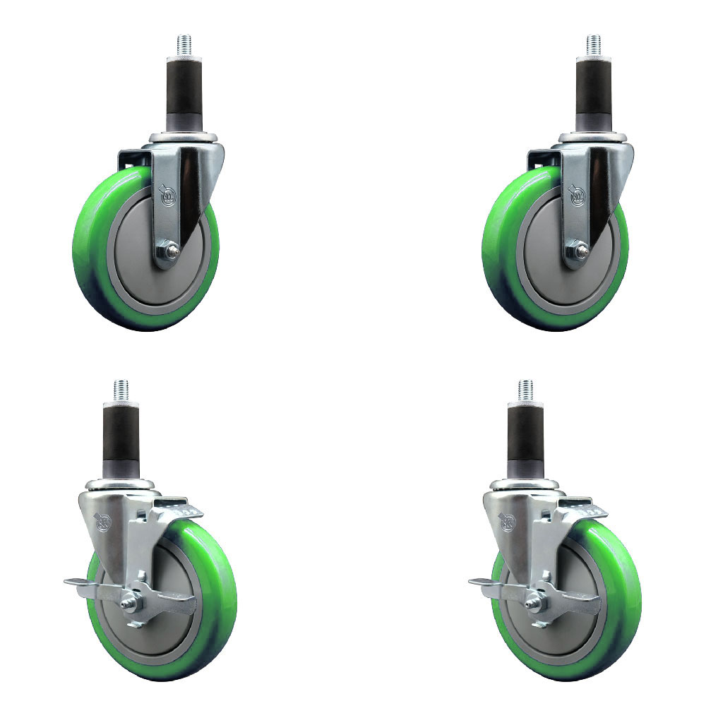 Polyurethane Swivel Expanding Stem Caster Set of 4 with 5 Inch Green Wheels and 1-1/4" Stems - Includes 2 with Top Locking Brakes - 1400 lbs Total Capacity - Service Caster Brand — photo 1