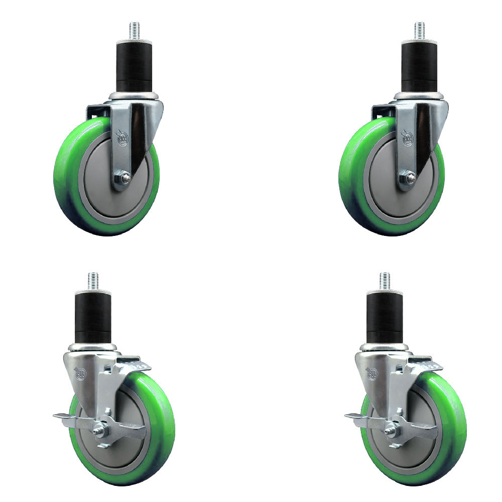 Polyurethane Swivel Expanding Stem Caster Set of 4 with 5 Inch Green Wheels and 1-3/4" Stems - Includes 2 with Top Locking Brakes - 1400 lbs Total Capacity - Service Caster Brand — photo 1