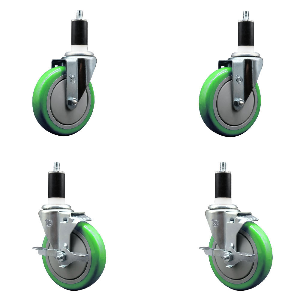 Stainless Steel Polyurethane Swivel Expanding Stem Caster Set of 4 with 5 Inch Green Wheels and 1-3/8" Stems - Includes 2 with Top Locking Brakes - 1400 lbs Total Capacity - Service Caster Brand — photo 1