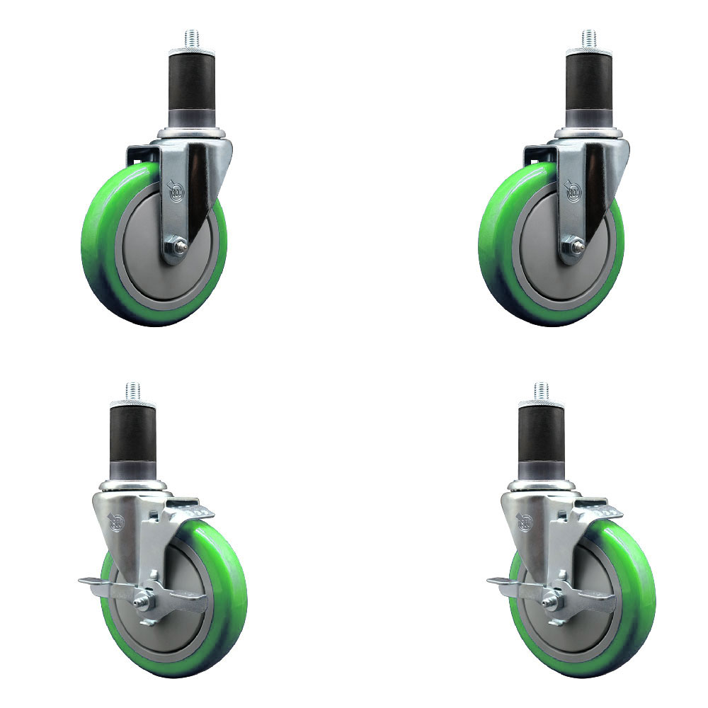 Polyurethane Swivel Expanding Stem Caster Set of 4 with 5 Inch Green Wheels and 1-5/8" Stems - Includes 2 with Top Locking Brakes - 1400 lbs Total Capacity - Service Caster Brand — photo 1