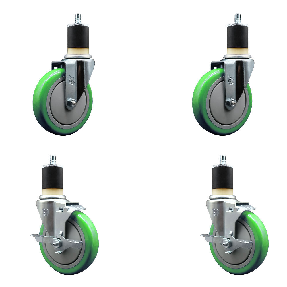 Polyurethane Swivel Expanding Stem Caster Set of 4 with 5 Inch Green Wheels and 1-7/8" Stems - Includes 2 with Top Locking Brakes - 1400 lbs Total Capacity - Service Caster Brand — photo 1