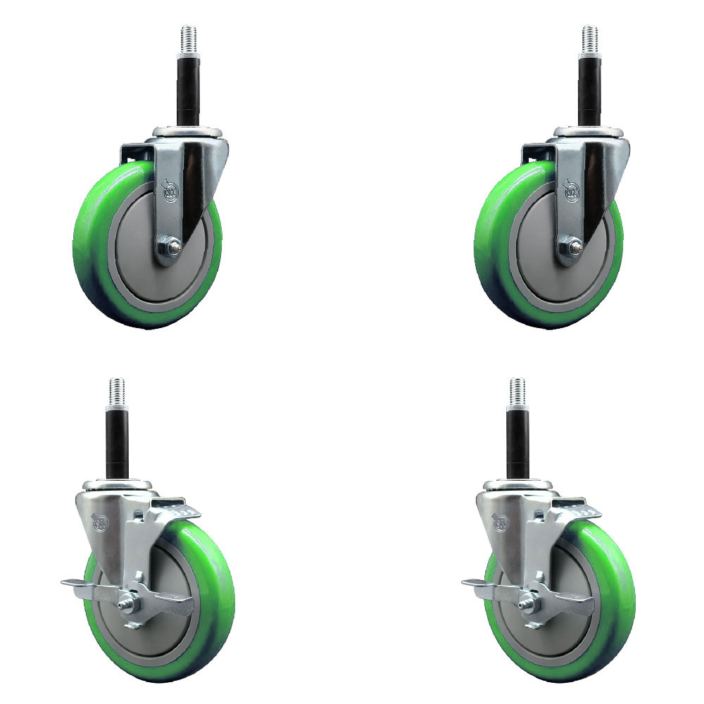 Stainless Steel Polyurethane Swivel Expanding Stem Caster Set of 4 with 5 Inch Green Wheels and 3/4" Stems - Includes 2 with Top Locking Brakes - 1400 lbs Total Capacity - Service Caster Brand — photo 1