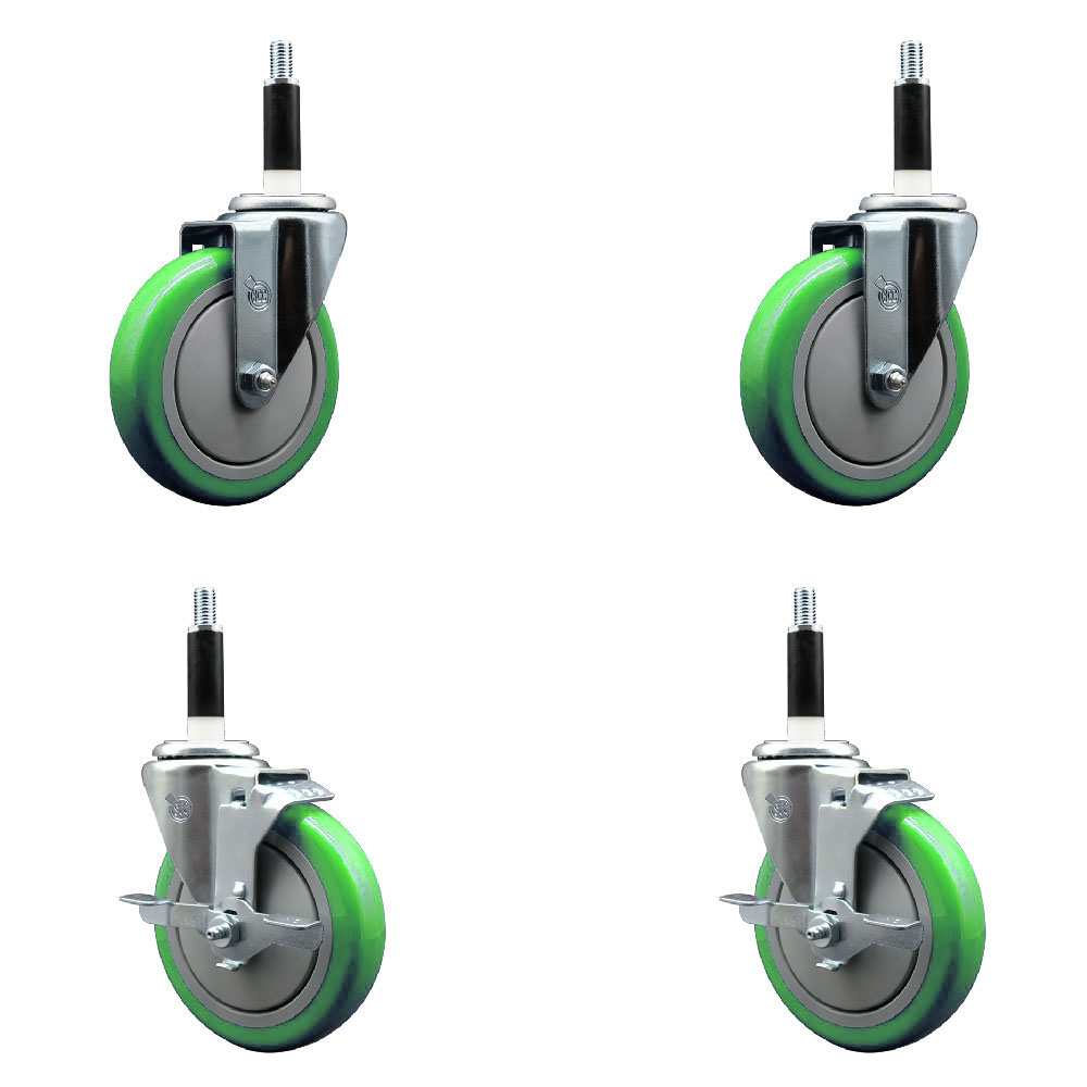 Stainless Steel Polyurethane Swivel Expanding Stem Caster Set of 4 with 5 Inch Green Wheels and 7/8" Stems - Includes 2 with Top Locking Brakes - 1400 lbs Total Capacity - Service Caster Brand — photo 1