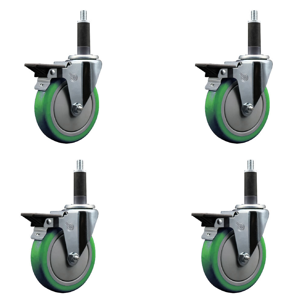 Polyurethane Swivel Expanding Stem Caster Set of 4 with 5 Inch Green Wheels and 1" Stems - Includes 4 Swivel with Posi Locking Brakes - 350 lbs. Capacity Per Caster - Service Caster Brand — photo 1