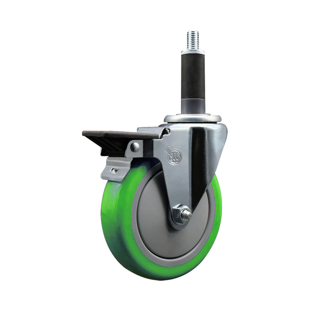 Polyurethane Expanding Stem Swivel Caster with 5 Inch Green Wheel and 1" Stem & Posi Locking Brake - 350 lbs. Capacity Per Caster - Service Caster Brand — photo 1
