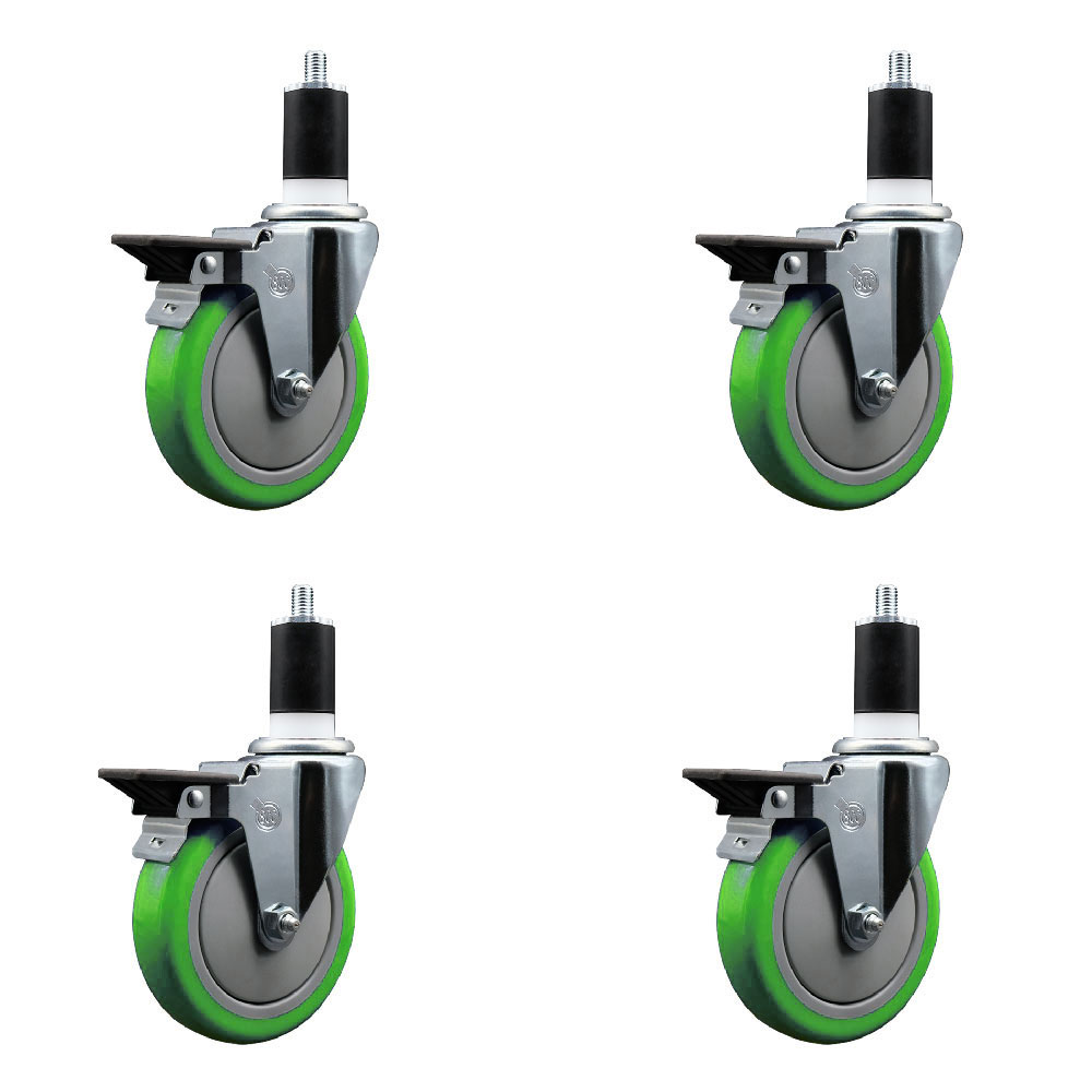Polyurethane Swivel Expanding Stem Caster Set of 4 with 5 Inch Green Wheels and 1-1/2" Stems - Includes 4 Swivel with Posi Locking Brakes - 350 lbs. Capacity Per Caster - Service Caster Brand — photo 1