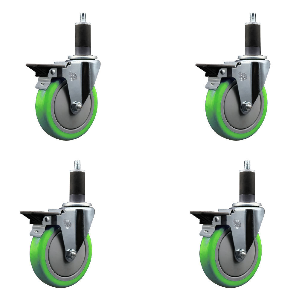Polyurethane Swivel Expanding Stem Caster Set of 4 with 5 Inch Green Wheels and 1-1/4" Stems - Includes 4 Swivel with Posi Locking Brakes - 350 lbs. Capacity Per Caster - Service Caster Brand — photo 1