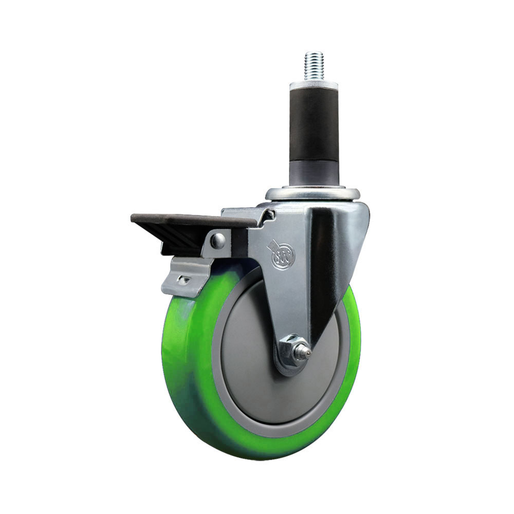 Polyurethane Expanding Stem Swivel Caster with 5 Inch Green Wheel and 1-1/4" Stem & Posi Locking Brake - 350 lbs. Capacity Per Caster - Service Caster Brand — photo 1