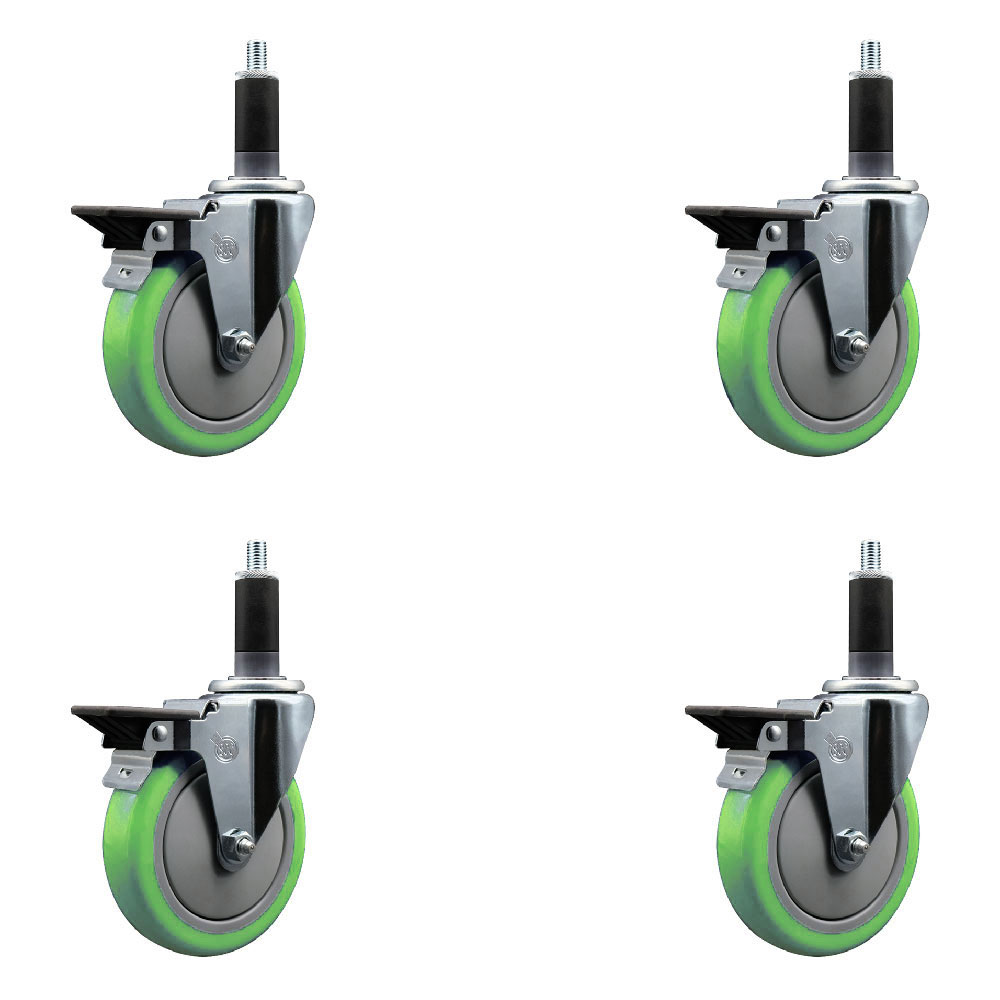 Polyurethane Swivel Expanding Stem Caster Set of 4 with 5 Inch Green Wheels and 1-1/8" Stems - Includes 4 Swivel with Posi Locking Brakes - 350 lbs. Capacity Per Caster - Service Caster Brand — photo 1