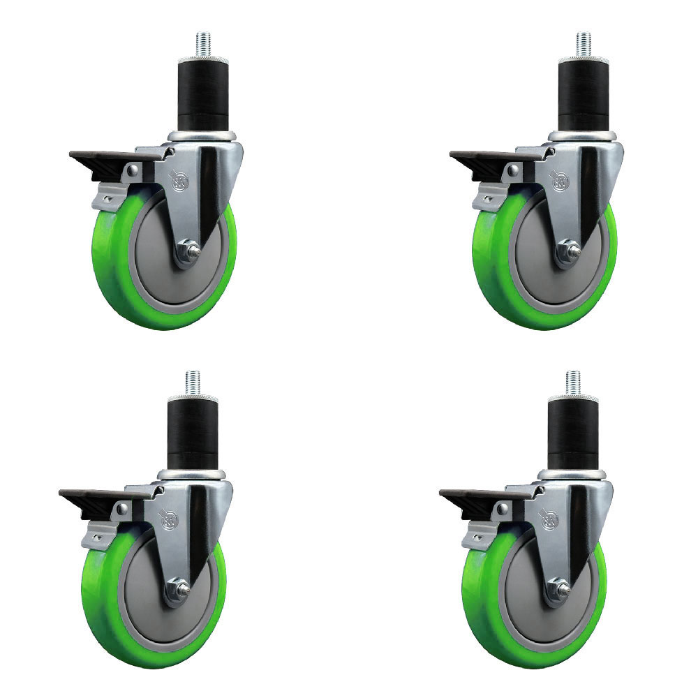 Polyurethane Swivel Expanding Stem Caster Set of 4 with 5 Inch Green Wheels and 1-3/4" Stems - Includes 4 Swivel with Posi Locking Brakes - 350 lbs. Capacity Per Caster - Service Caster Brand — photo 1