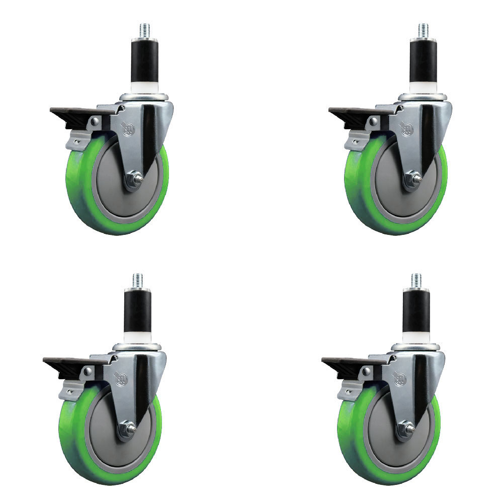 Polyurethane Swivel Expanding Stem Caster Set of 4 with 5 Inch Green Wheels and 1-3/8" Stems - Includes 4 Swivel with Posi Locking Brakes - 350 lbs. Capacity Per Caster - Service Caster Brand — photo 1