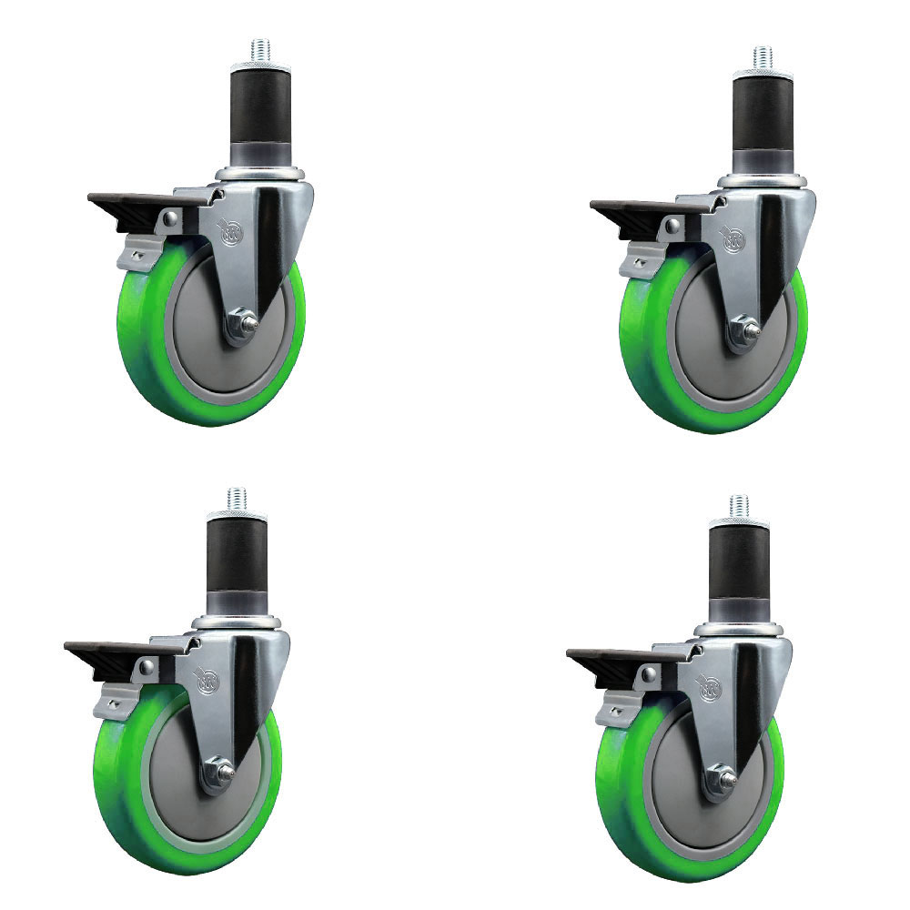 Polyurethane Swivel Expanding Stem Caster Set of 4 with 5 Inch Green Wheels and 1-5/8" Stems - Includes 4 Swivel with Posi Locking Brakes - 350 lbs. Capacity Per Caster - Service Caster Brand — photo 1