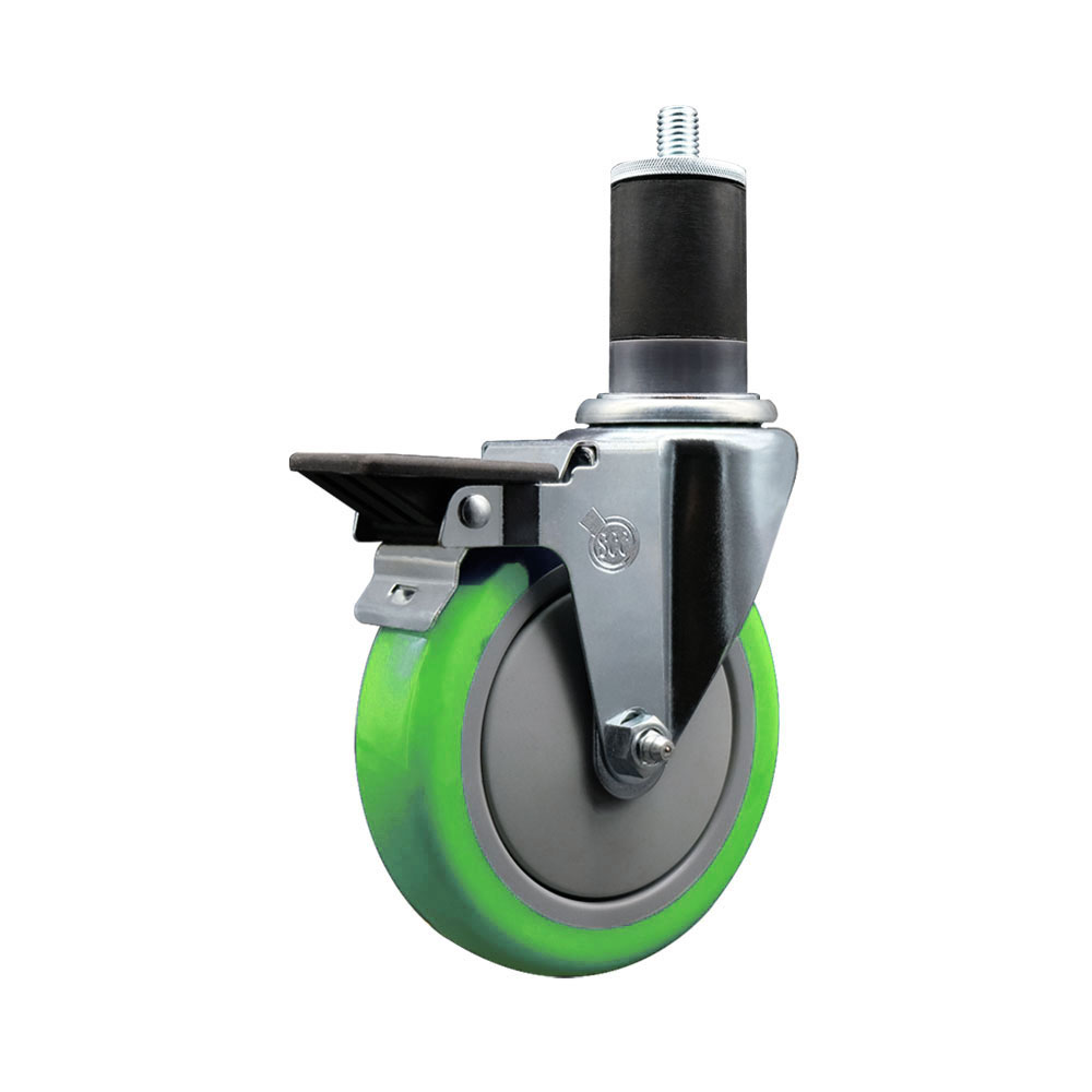 Polyurethane Expanding Stem Swivel Caster with 5 Inch Green Wheel and 1-5/8" Stem & Posi Locking Brake - 350 lbs. Capacity Per Caster - Service Caster Brand — photo 1