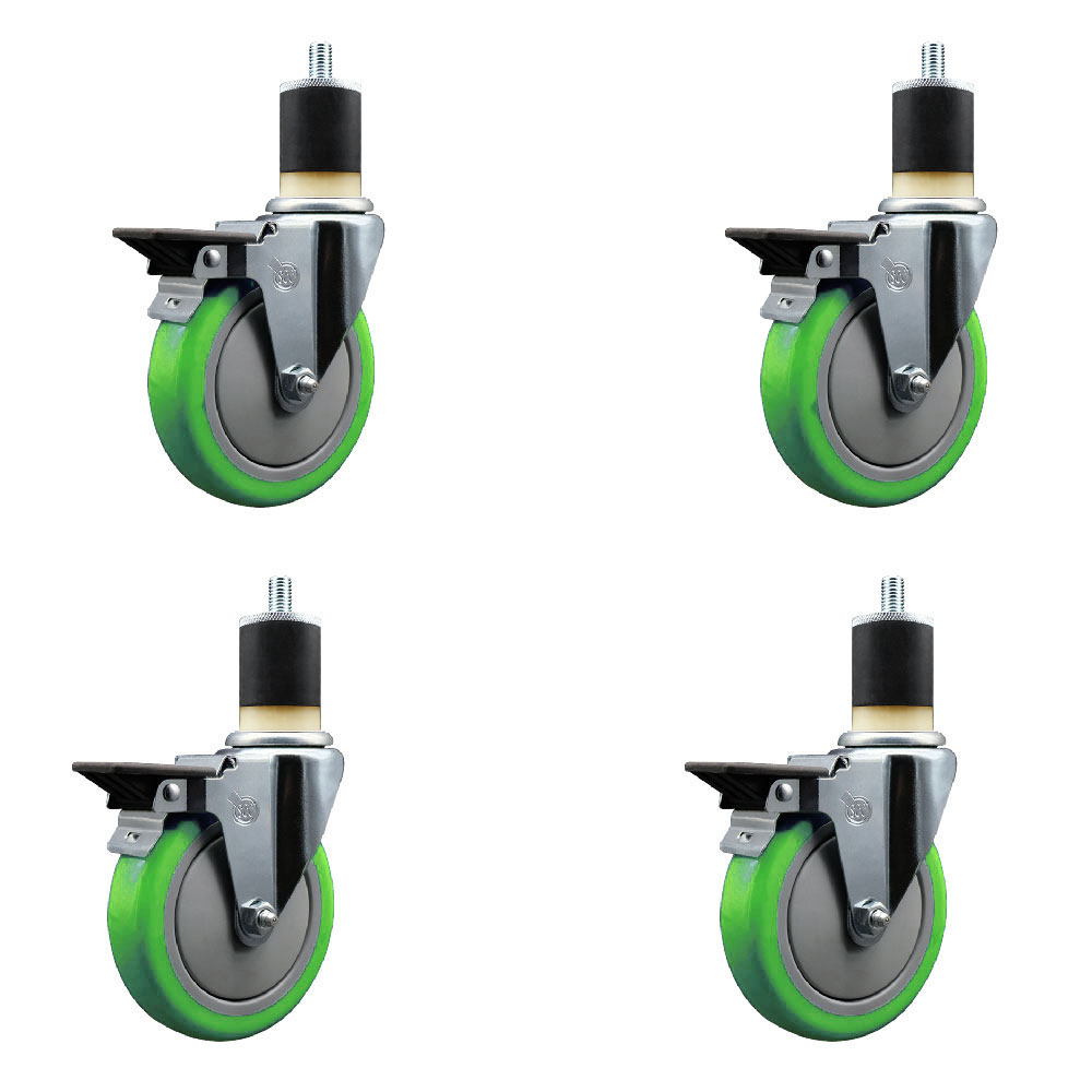 Polyurethane Swivel Expanding Stem Caster Set of 4 with 5 Inch Green Wheels and 1-7/8" Stems - Includes 4 Swivel with Posi Locking Brakes - 350 lbs. Capacity Per Caster - Service Caster Brand — photo 1