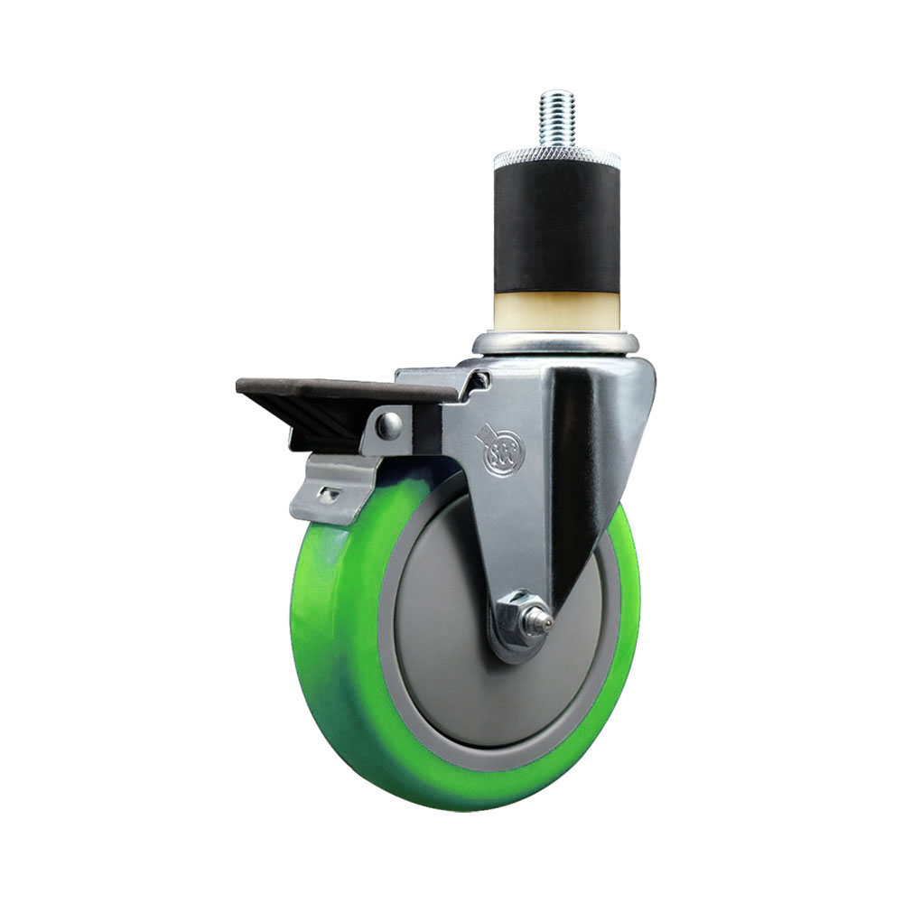 Polyurethane Expanding Stem Swivel Caster with 5 Inch Green Wheel and 1-7/8" Stem & Posi Locking Brake - 350 lbs. Capacity Per Caster - Service Caster Brand — photo 1