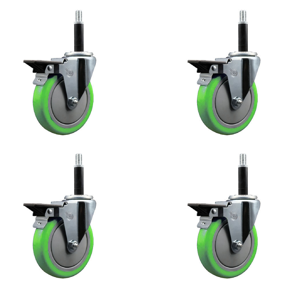 Polyurethane Swivel Expanding Stem Caster Set of 4 with 5 Inch Green Wheels and 3/4" Stems - Includes 4 Swivel with Posi Locking Brakes - 350 lbs. Capacity Per Caster - Service Caster Brand — photo 1