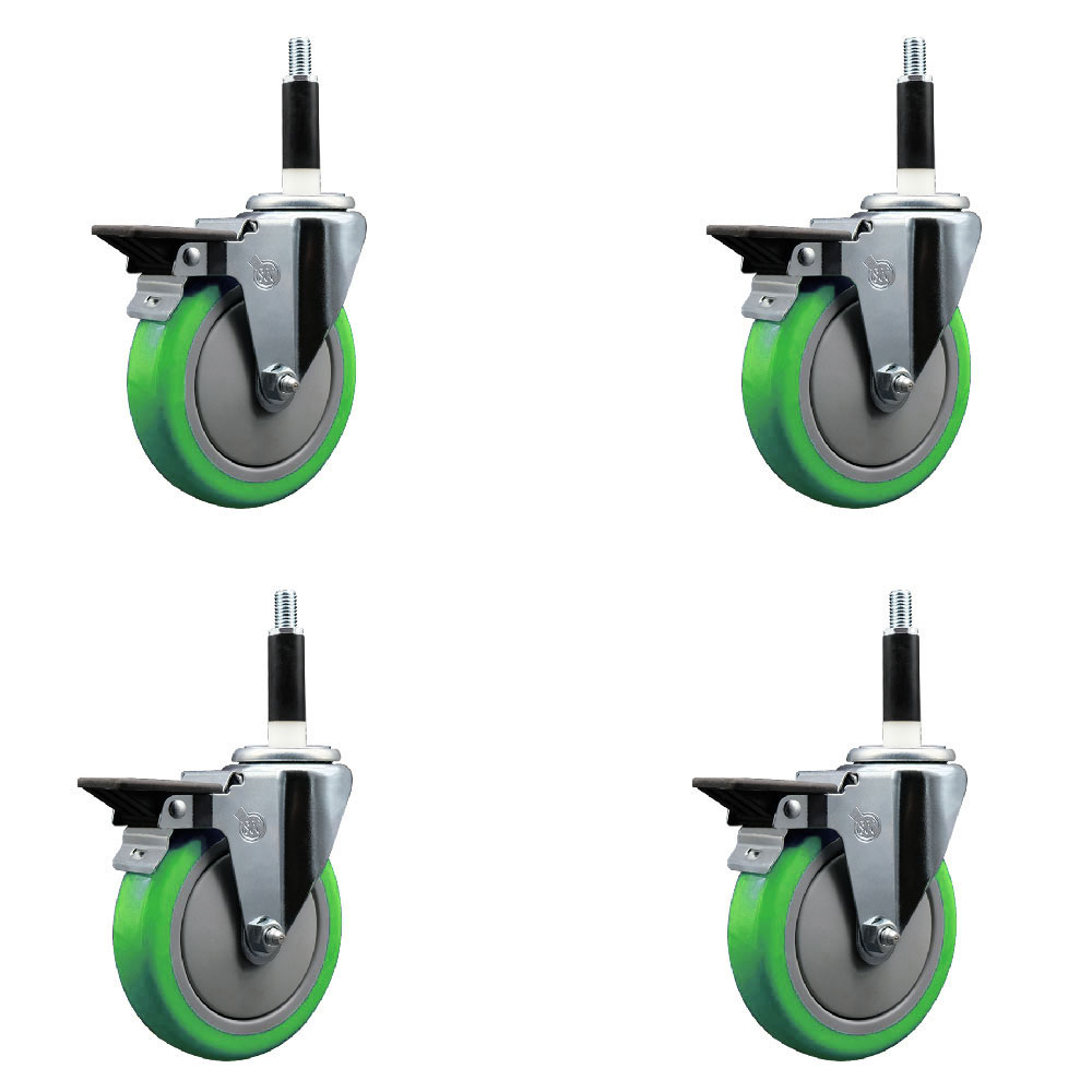 Polyurethane Swivel Expanding Stem Caster Set of 4 with 5 Inch Green Wheels and 7/8" Stems - Includes 4 Swivel with Posi Locking Brakes - 350 lbs. Capacity Per Caster - Service Caster Brand — photo 1