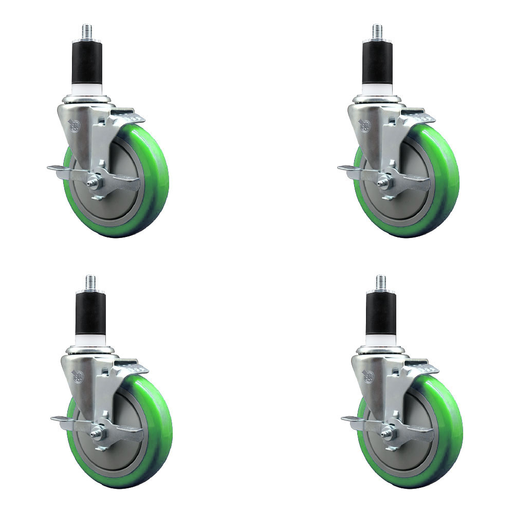 Polyurethane Swivel Expanding Stem Caster Set of 4 with 5 Inch Green Wheels and 1-1/2" Stems - Includes 4 Swivel with Top Locking Brakes - 350 lbs. Capacity Per Caster - Service Caster Brand — photo 1