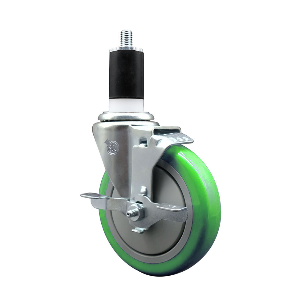 Polyurethane Expanding Stem Swivel Caster with 5 Inch Green Wheel and 1-1/2" Stem & Top Locking Brake - 350 lbs. Capacity Per Caster - Service Caster Brand — photo 1