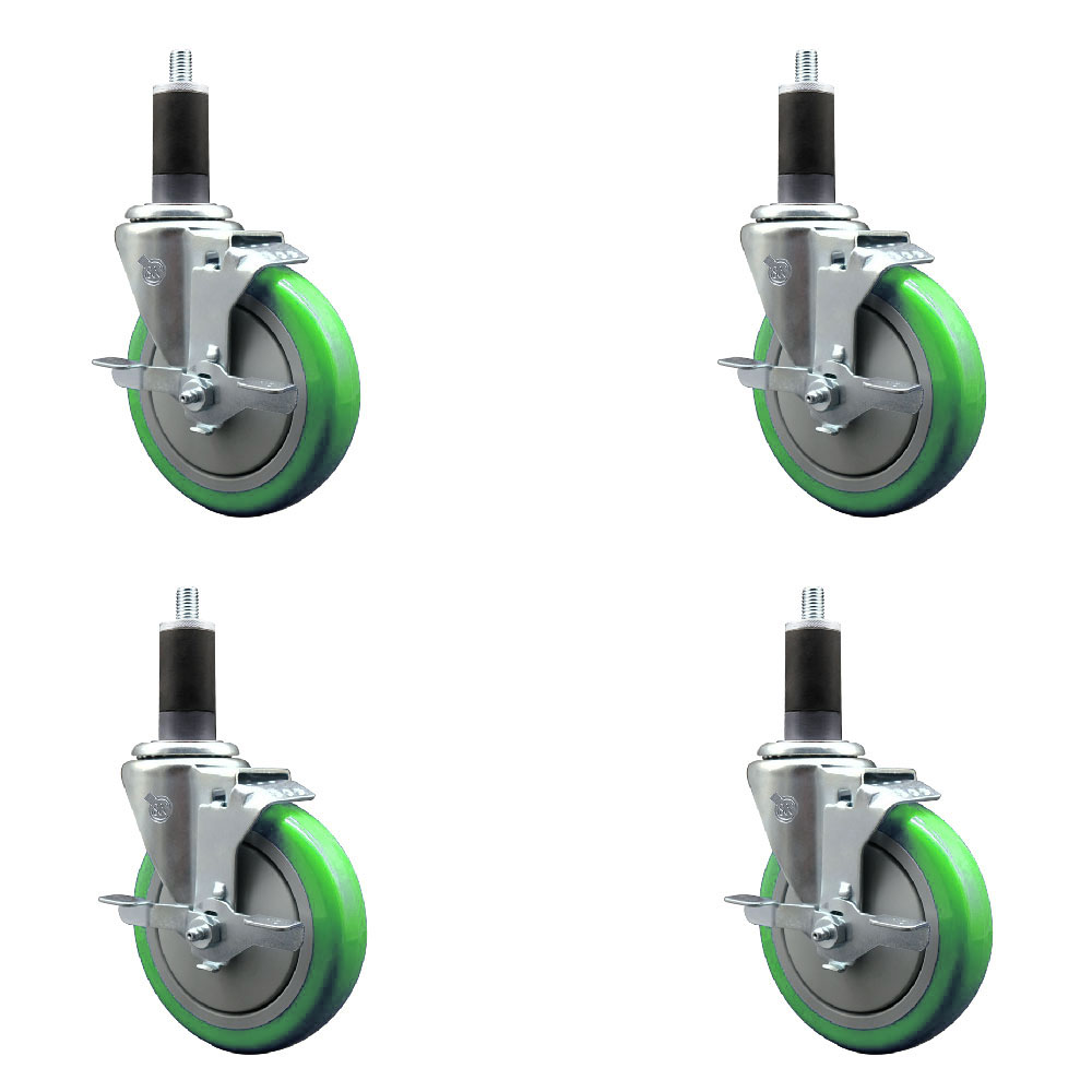 Polyurethane Swivel Expanding Stem Caster Set of 4 with 5 Inch Green Wheels and 1-1/4" Stems - Includes 4 Swivel with Top Locking Brakes - 350 lbs. Capacity Per Caster - Service Caster Brand — photo 1