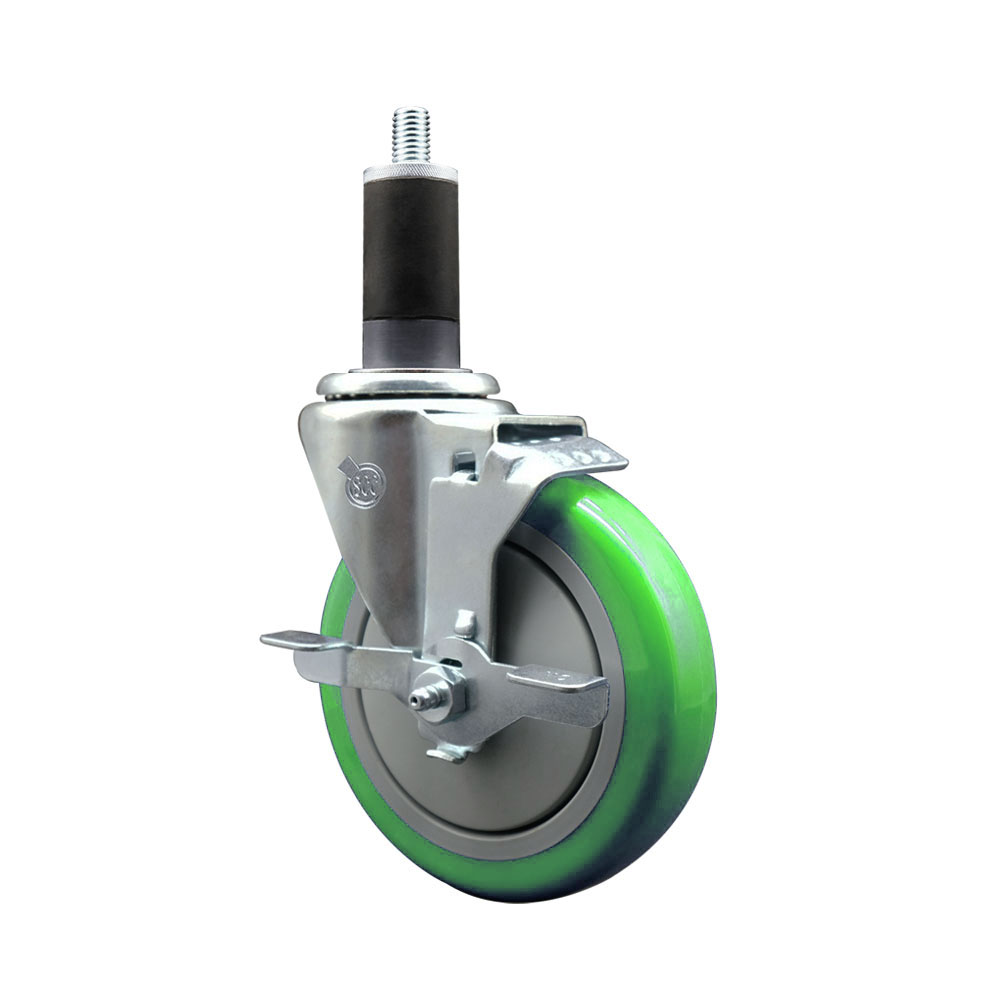 Polyurethane Expanding Stem Swivel Caster with 5 Inch Green Wheel and 1-1/4" Stem & Top Locking Brake - 350 lbs. Capacity Per Caster - Service Caster Brand — photo 1