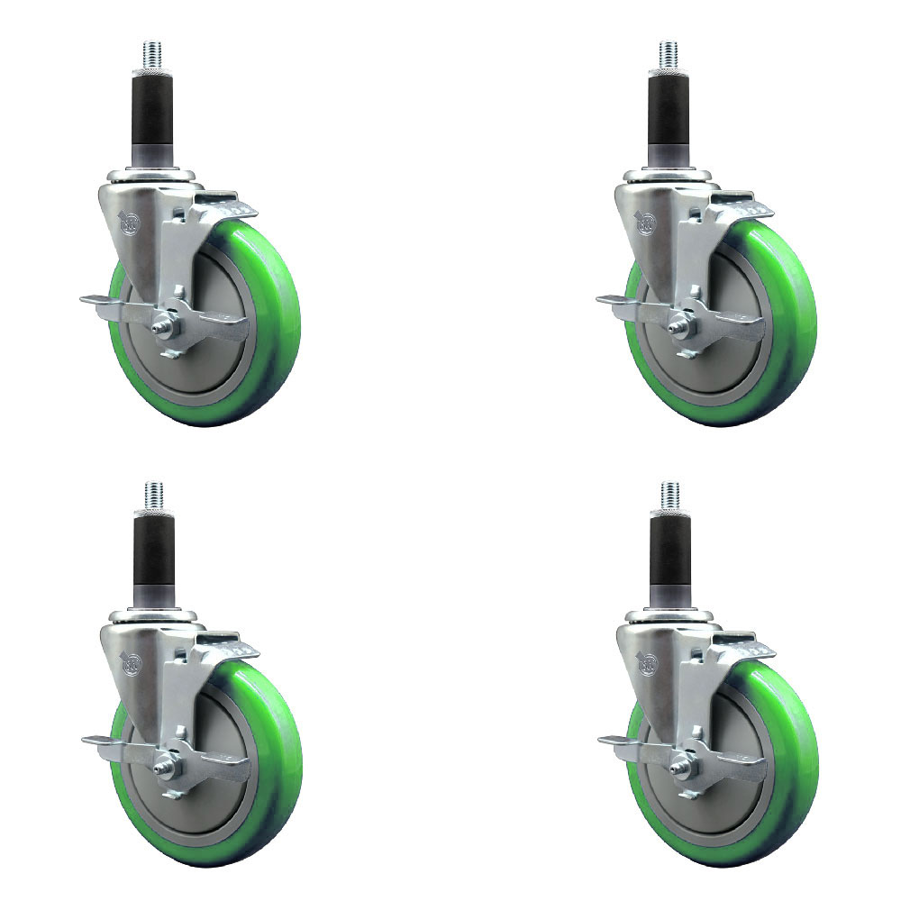 Polyurethane Swivel Expanding Stem Caster Set of 4 with 5 Inch Green Wheels and 1-1/8" Stems - Includes 4 Swivel with Top Locking Brakes - 350 lbs. Capacity Per Caster - Service Caster Brand — photo 1