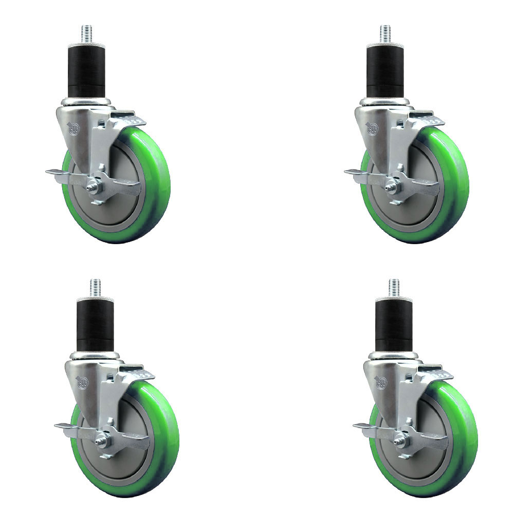 Polyurethane Swivel Expanding Stem Caster Set of 4 with 5 Inch Green Wheels and 1-3/4" Stems - Includes 4 Swivel with Top Locking Brakes - 350 lbs. Capacity Per Caster - Service Caster Brand — photo 1