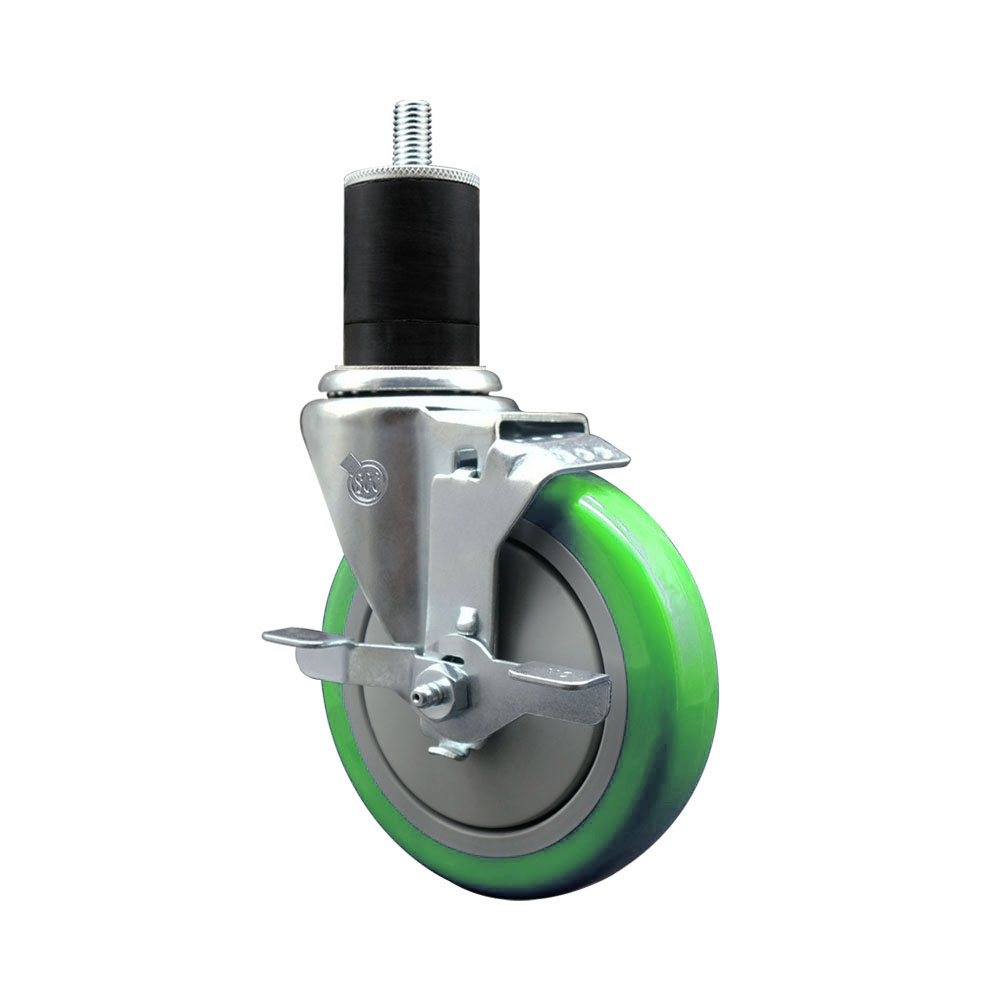 Polyurethane Expanding Stem Swivel Caster with 5 Inch Green Wheel and 1-3/4" Stem & Top Locking Brake - 350 lbs. Capacity Per Caster - Service Caster Brand — photo 1