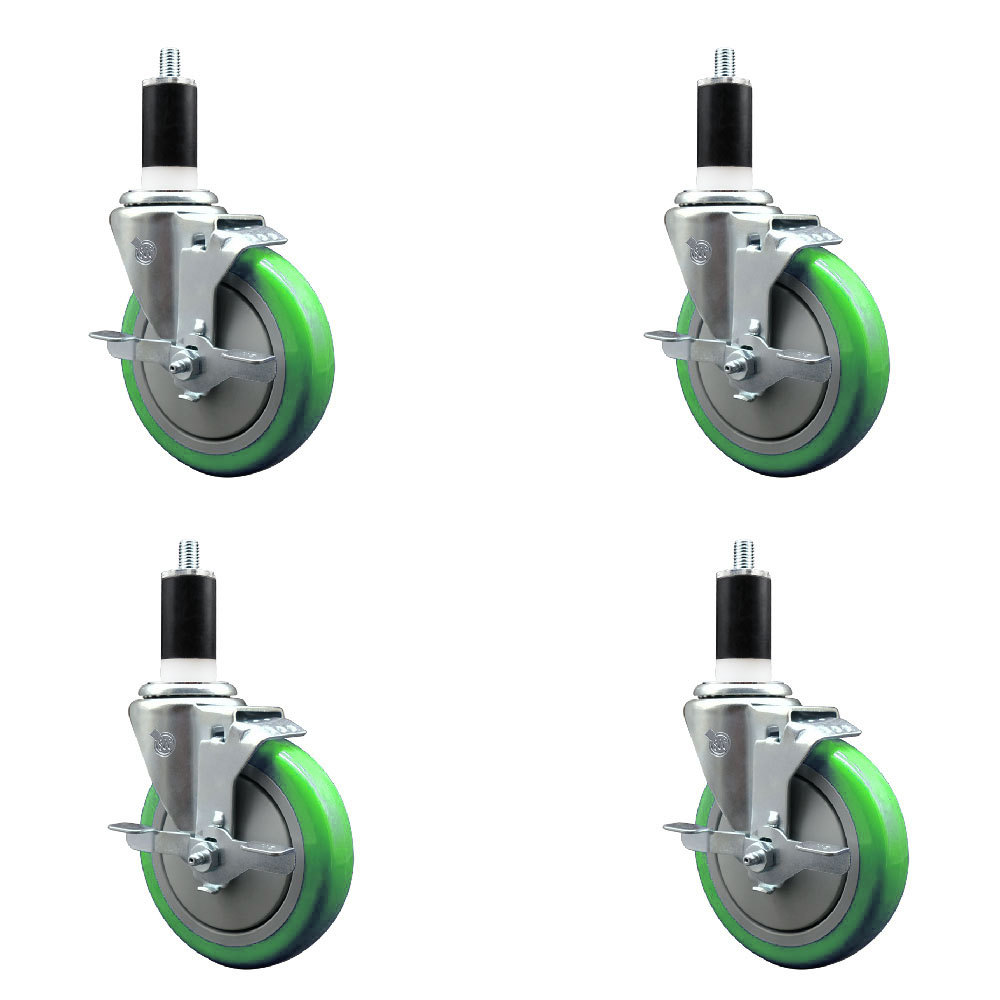 Polyurethane Swivel Expanding Stem Caster Set of 4 with 5 Inch Green Wheels and 1-3/8" Stems - Includes 4 Swivel with Top Locking Brakes - 350 lbs. Capacity Per Caster - Service Caster Brand — photo 1