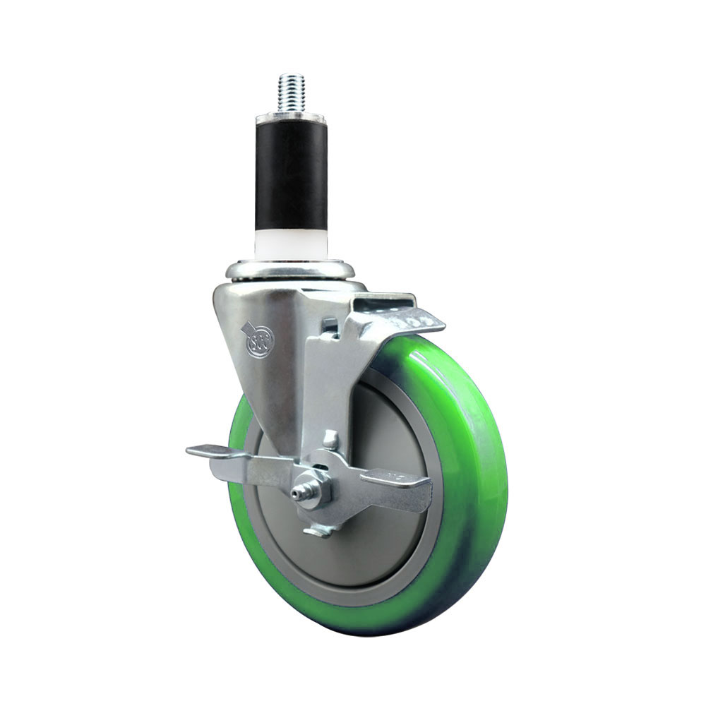 Polyurethane Expanding Stem Swivel Caster with 5 Inch Green Wheel and 1-3/8" Stem & Top Locking Brake - 350 lbs. Capacity Per Caster - Service Caster Brand — photo 1