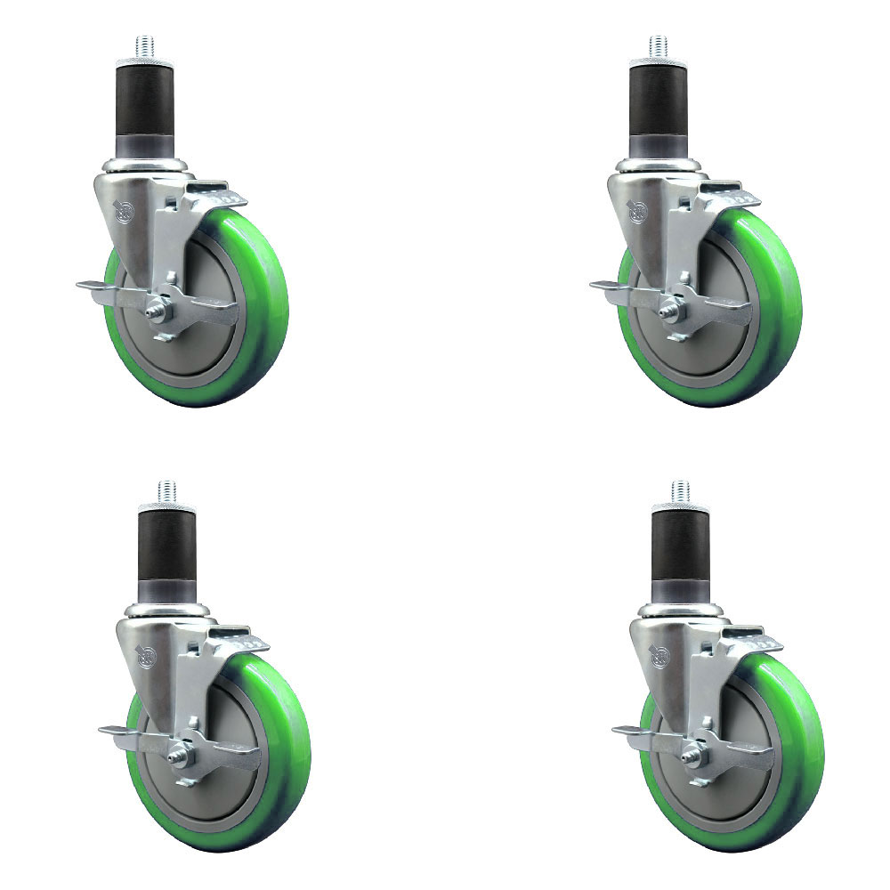 Polyurethane Swivel Expanding Stem Caster Set of 4 with 5 Inch Green Wheels and 1-5/8" Stems - Includes 4 Swivel with Top Locking Brakes - 350 lbs. Capacity Per Caster - Service Caster Brand — photo 1