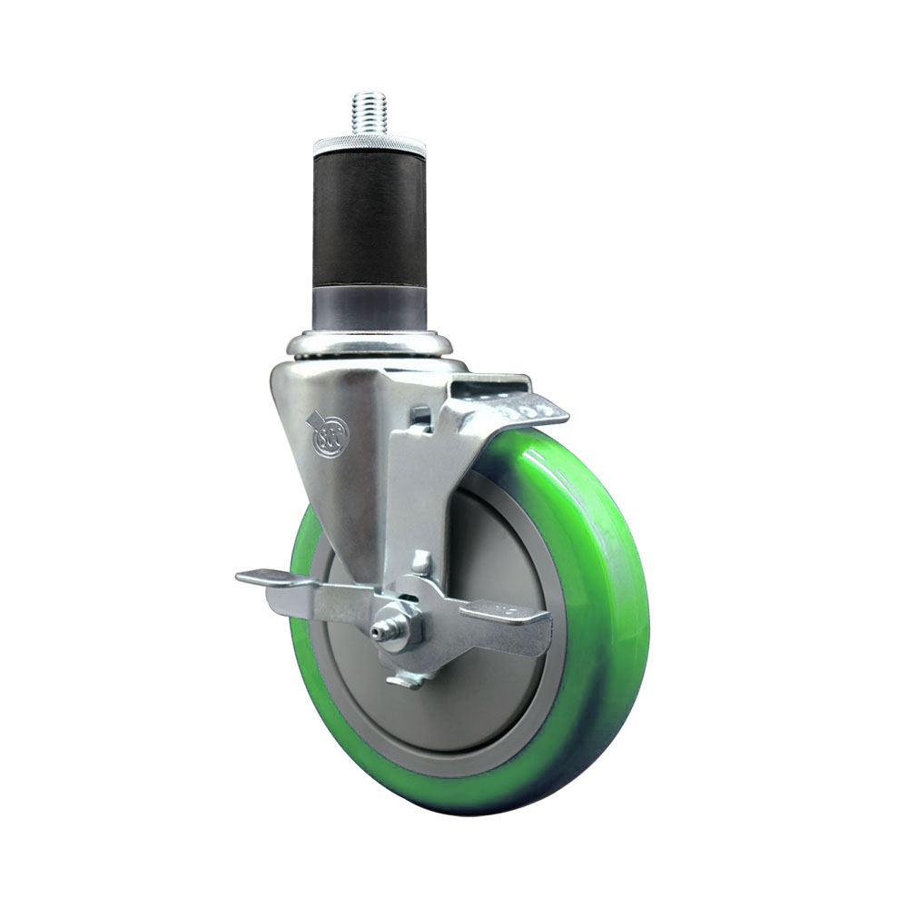 Polyurethane Expanding Stem Swivel Caster with 5 Inch Green Wheel and 1-5/8" Stem & Top Locking Brake - 350 lbs. Capacity Per Caster - Service Caster Brand — photo 1
