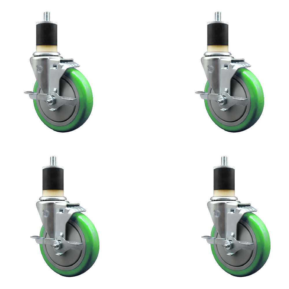 Polyurethane Swivel Expanding Stem Caster Set of 4 with 5 Inch Green Wheels and 1-7/8" Stems - Includes 4 Swivel with Top Locking Brakes - 350 lbs. Capacity Per Caster - Service Caster Brand — photo 1