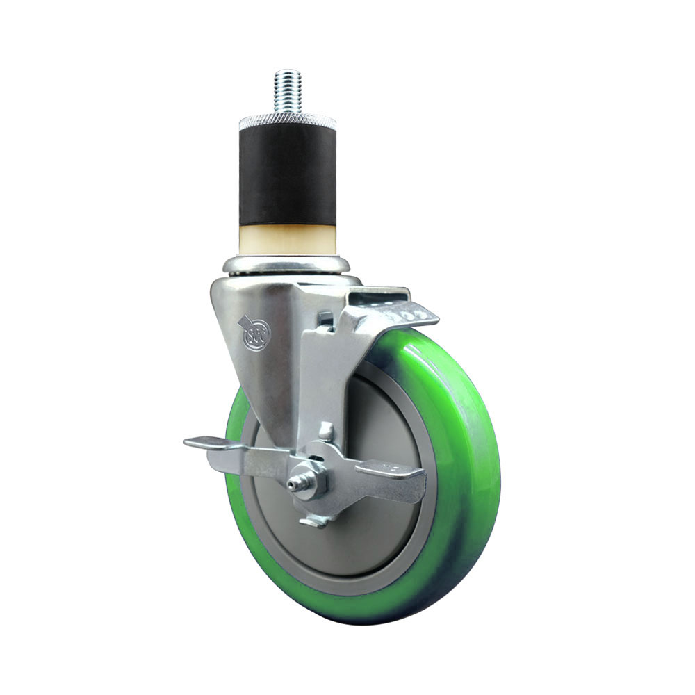 Polyurethane Expanding Stem Swivel Caster with 5 Inch Green Wheel and 1-7/8" Stem & Top Locking Brake - 350 lbs. Capacity Per Caster - Service Caster Brand — photo 1