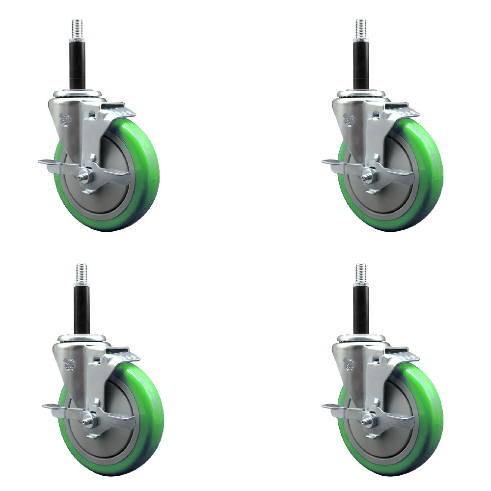 Polyurethane Swivel Expanding Stem Caster Set of 4 with 5 Inch Green Wheels and 3/4" Stems - Includes 4 Swivel with Top Locking Brakes - 350 lbs. Capacity Per Caster - Service Caster Brand — photo 1