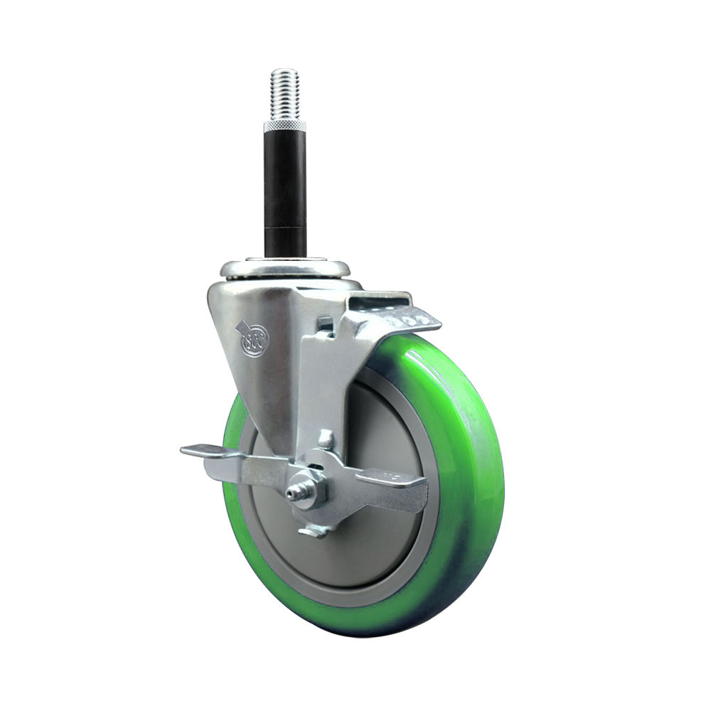 Polyurethane Expanding Stem Swivel Caster with 5 Inch Green Wheel and 3/4" Stem & Top Locking Brake - 350 lbs. Capacity Per Caster - Service Caster Brand — photo 1