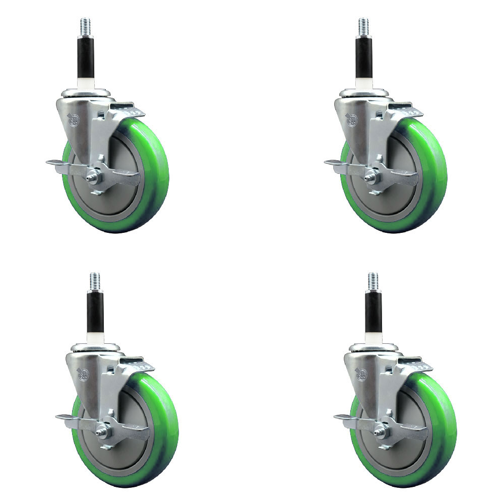 Polyurethane Swivel Expanding Stem Caster Set of 4 with 5 Inch Green Wheels and 7/8" Stems - Includes 4 Swivel with Top Locking Brakes - 350 lbs. Capacity Per Caster - Service Caster Brand — photo 1