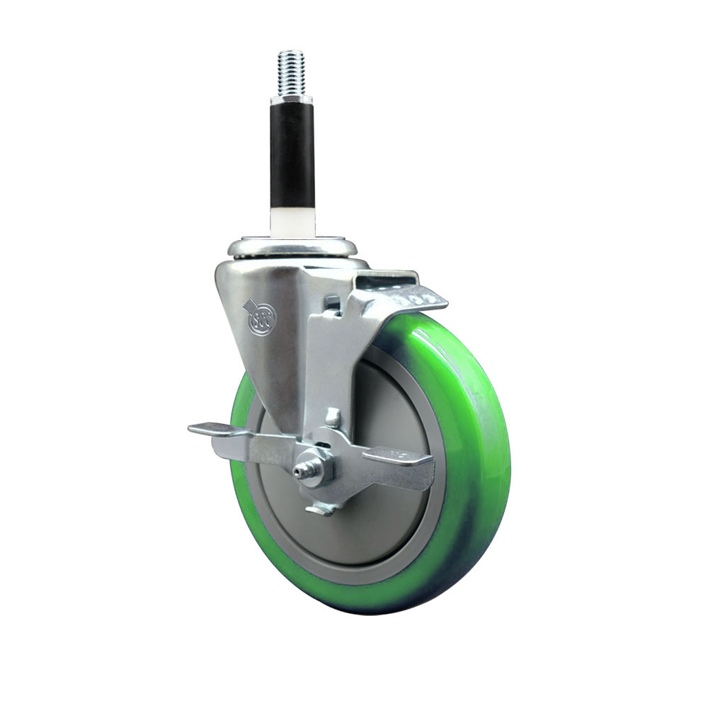Polyurethane Expanding Stem Swivel Caster with 5 Inch Green Wheel and 7/8" Stem & Top Locking Brake - 350 lbs. Capacity Per Caster - Service Caster Brand — photo 1